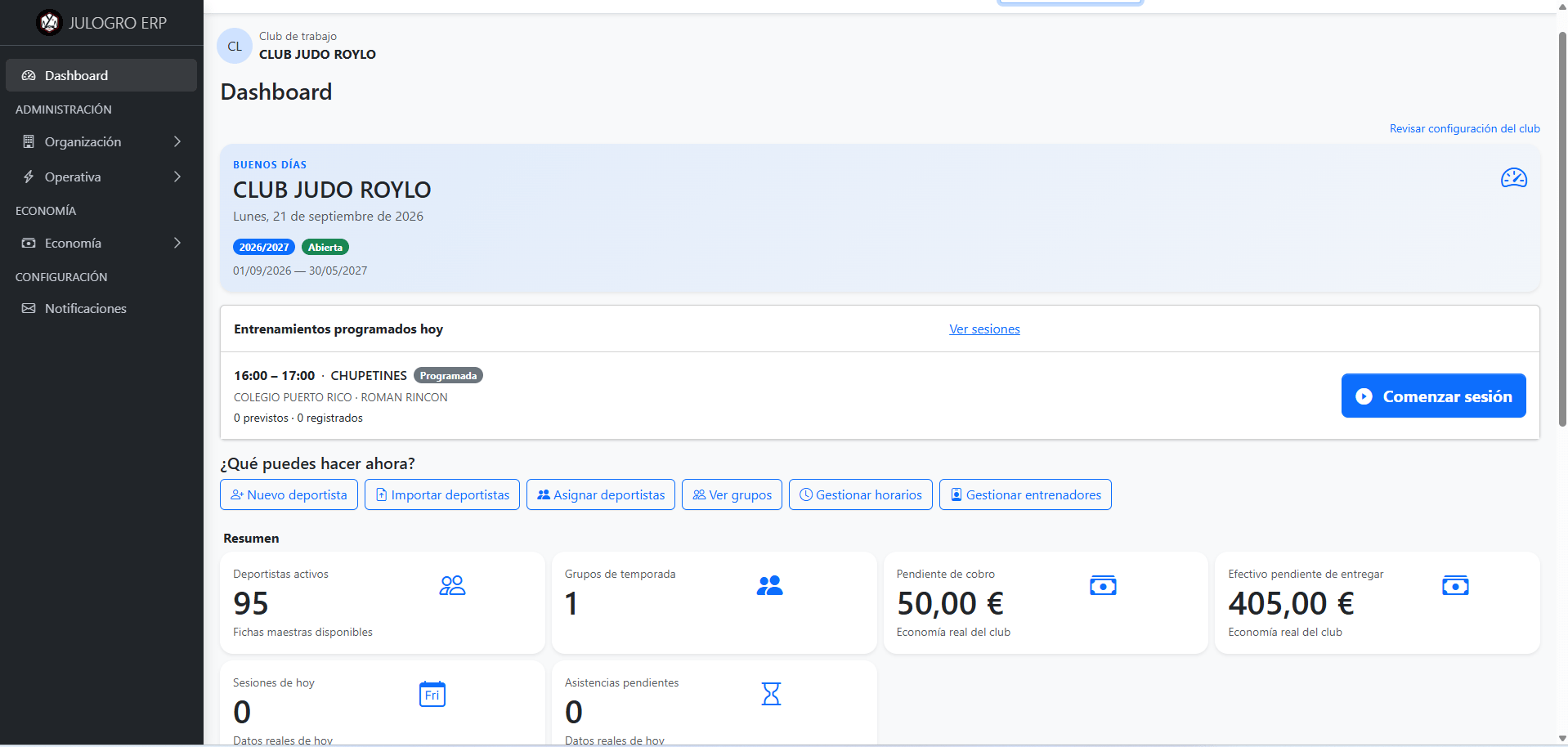 Dashboard de administración de JULOGRO